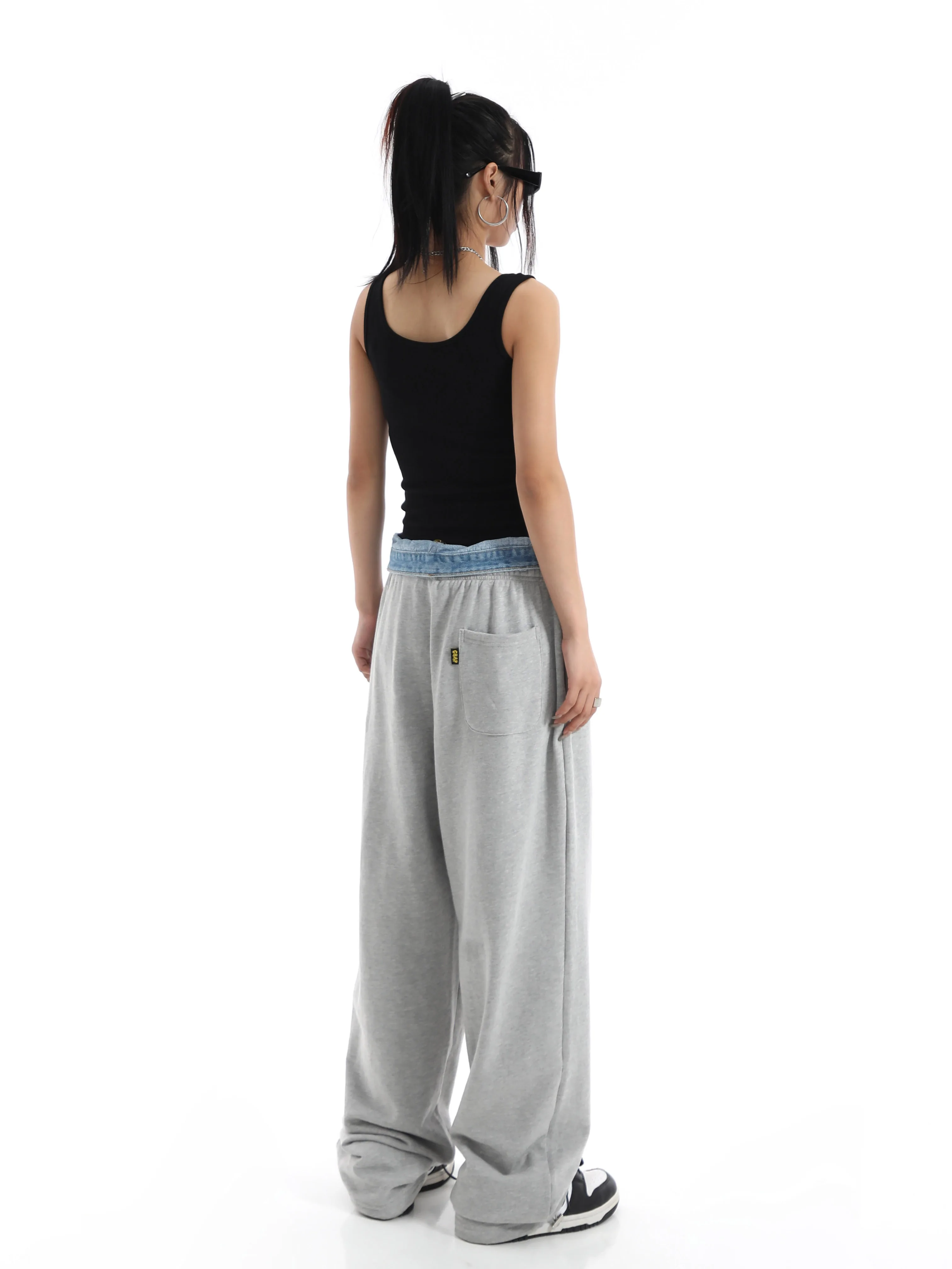 Celana Denim Tambal Sulam Longgar Wanita Celana Retro Y2k Harajuku 90S Antik Celana Panjang Jogger Kaki Lebar Pinggang Tinggi Pakaian Jalanan