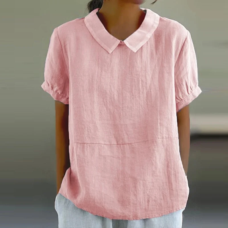 Blusa de manga corta holgada para mujer, Jersey informal de Color liso con cuello vuelto, a la moda, para primavera y verano, 2024