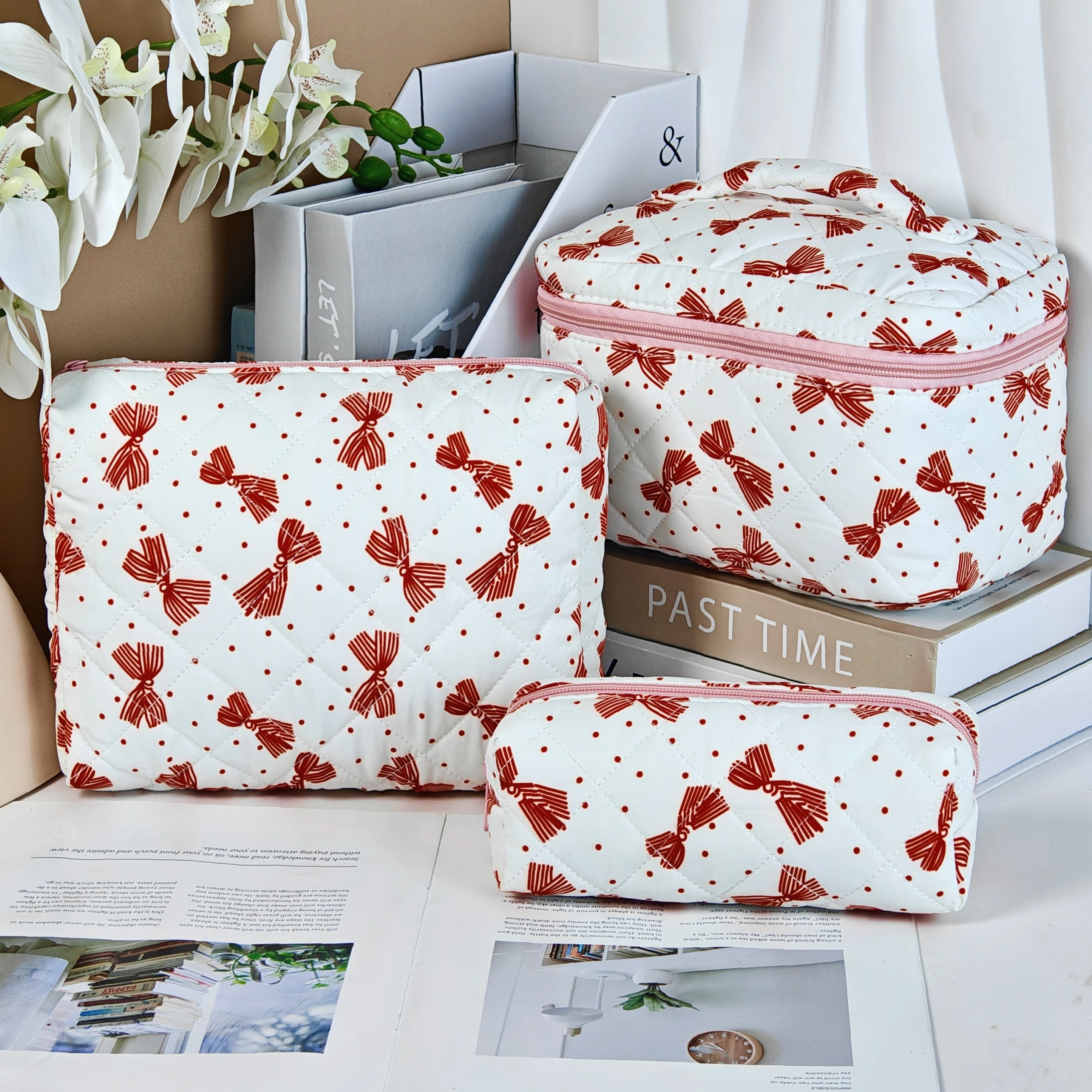 

Adorable bow lady's cosmetic bag made of cotton, tote-style, portable, suitable for women, cosmetic storage, handbag for travel