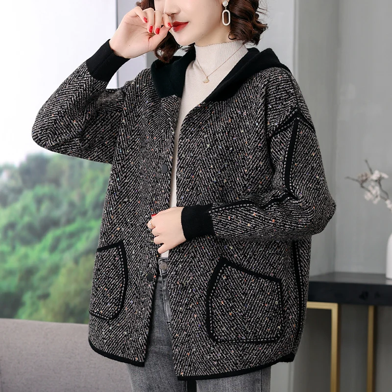 Middle-Aged Elderly Mothers Spring Autumn New 2023 Clothes Hooded Knitting Cardigan Ladies jacket Short Thin Women\'s Sweater