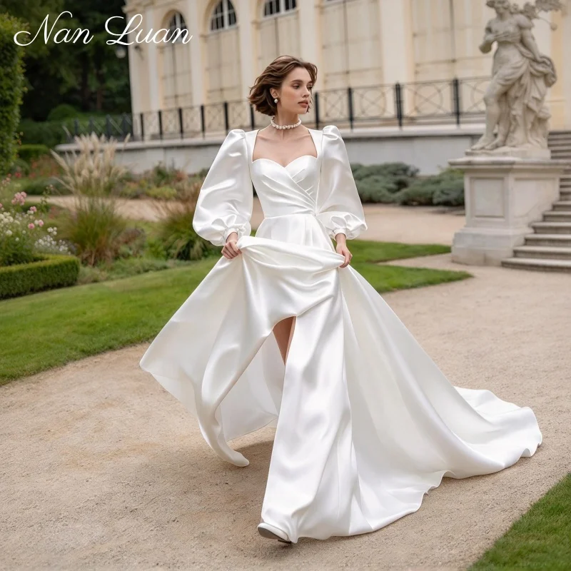 Elegant Satin A Line Wedding Dress  Square Neck Puff Long Sleeve Backless Draped Bridal Gown Vestidos De Novia Customized