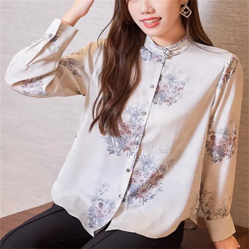 

Retro Blouses Women Shirt Silk Top Chinese Blouse Stand Collar Cardigan Shirt Satin Top Autumn Woman Clothes Blous Vintage Shirt