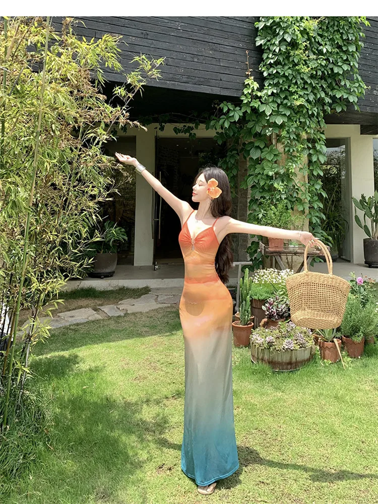 عطلة عطلة مذهلة التدرج اللون الأشرطة طباعة فستان بحزام الشاطئ الصيف مثير الخامس الرقبة بلا أكمام الحمالات فستان طويل زلة