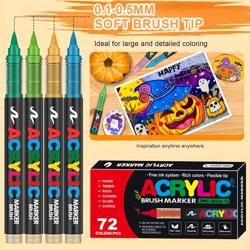 12-72 لون علامات أقلام الطلاء الاكريليك لباد أكريليك علامات طلاء طرف الفرشاة للرسم الصخري قماش هدايا عيد الميلاد DIY الحرف اليدوية