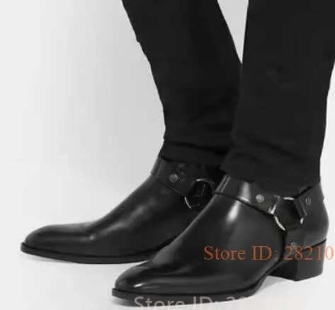 

Sleek Polished Leather Low Stacked Heel Ring Hardware Side Zip Men Boots Almond Toe Buckle Straps Male Bootie