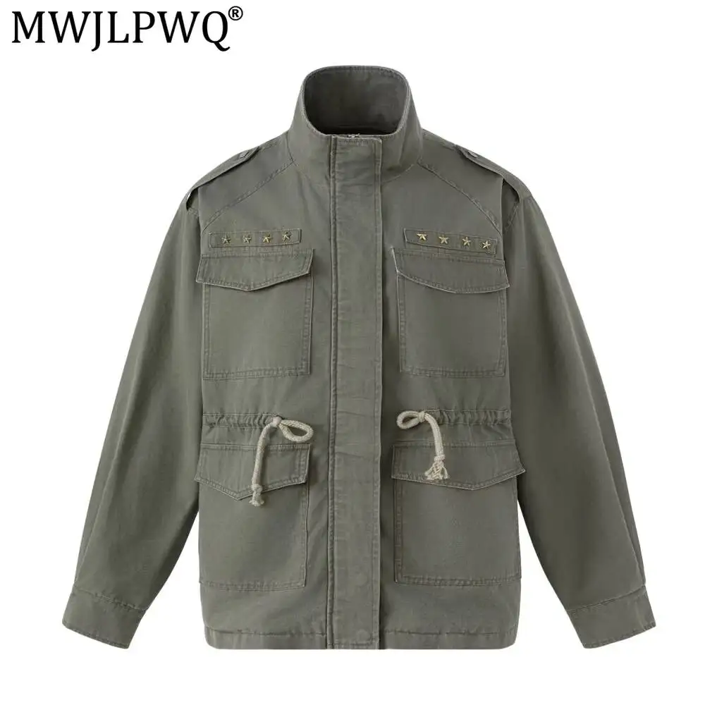 MWJLPWQ Punk-Style Distressed Canvas Work Jacket Men Street Fashion Design Multiple Pockets Drawstring High Collar Tops 20302