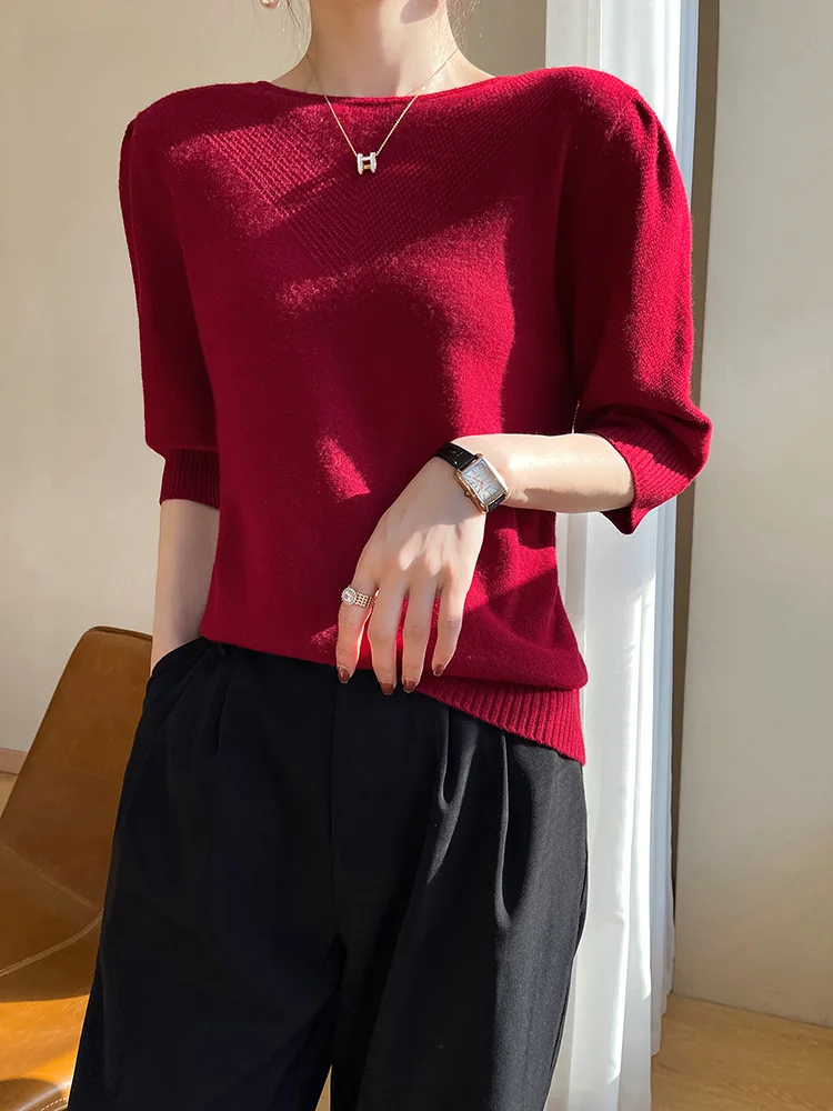 

Spiring Summer Hollow Slash-neck Short-sleeves Pullover Sweater For Women 100% Merino Wool Cashmere Knitted Clothes Female Tops