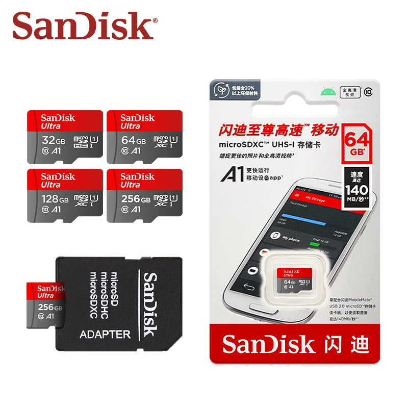 بطاقة ذاكرة SanDisk Ultra microSD Flash TF أصلية C10 A1 بطاقة ذاكرة 256 جيجابايت 128 جيجابايت 64 جيجابايت 32 جيجابايت بطاقة مايكرو SD للهاتف اللوحي وأجهزة الكمبيوتر المحمولة