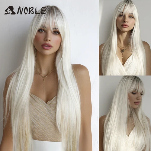 Peluca sintética Noble con flequillo, peluca blanca recta larga de 36 pulgadas, peluca rubia ombré, peluca de color para mujer, peluca de Cosplay para mujer
