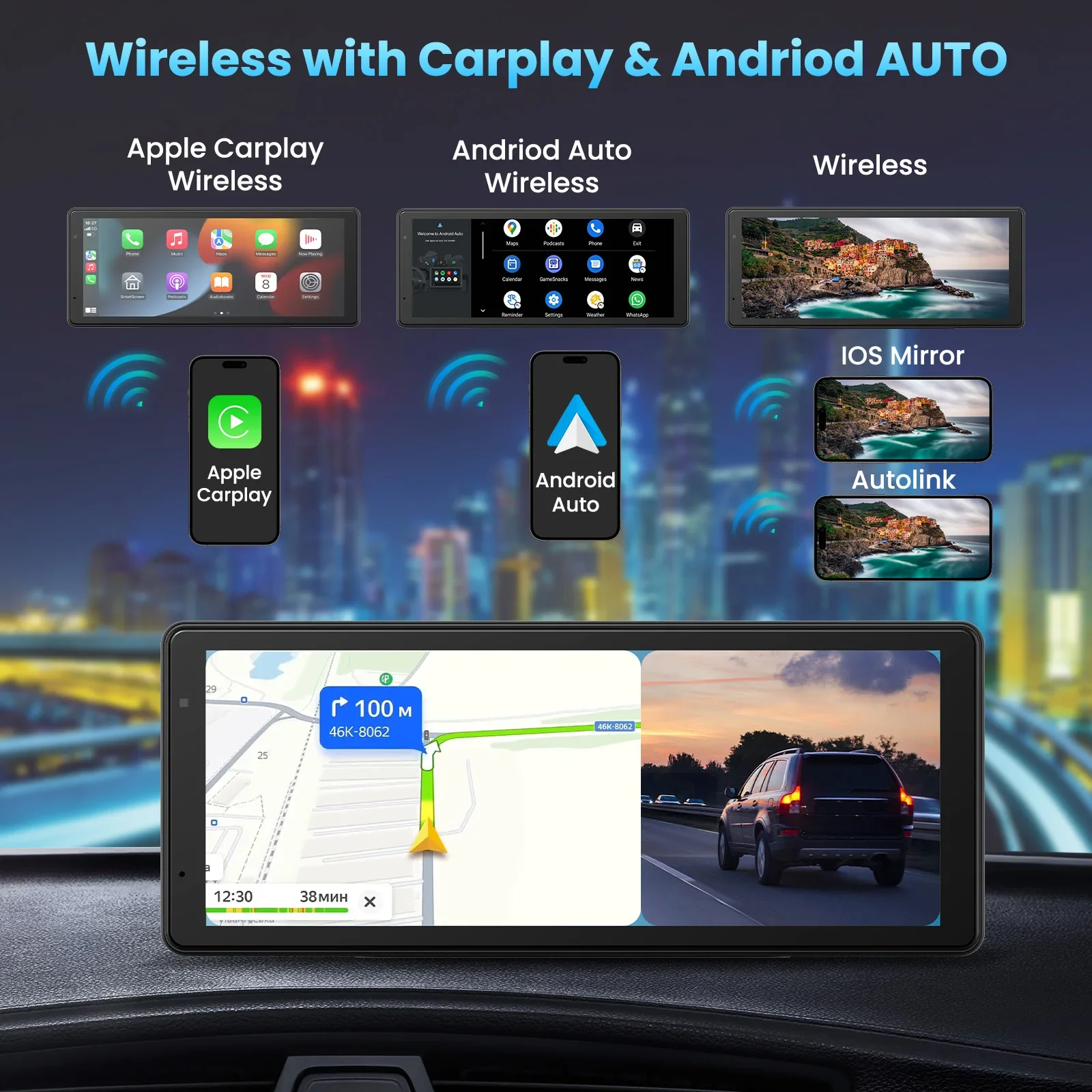 Aprilboy 9 Inch Dash Cam 4K Car DVR Multimedia Wireless Carplay & Android Auto BT AUX for MP5 Player Monitor Screen