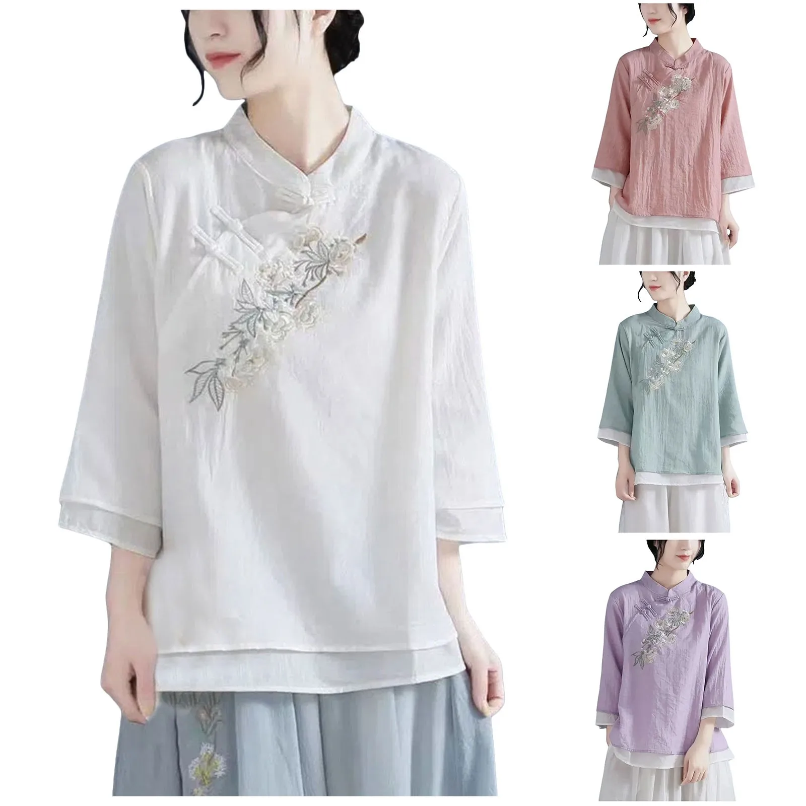 Women\'s Top Shirt Embroidery Elegant Shirt Cute Pattern Fashion Long Sleeve Casual Linen Solid Loose Vintage Overshirt