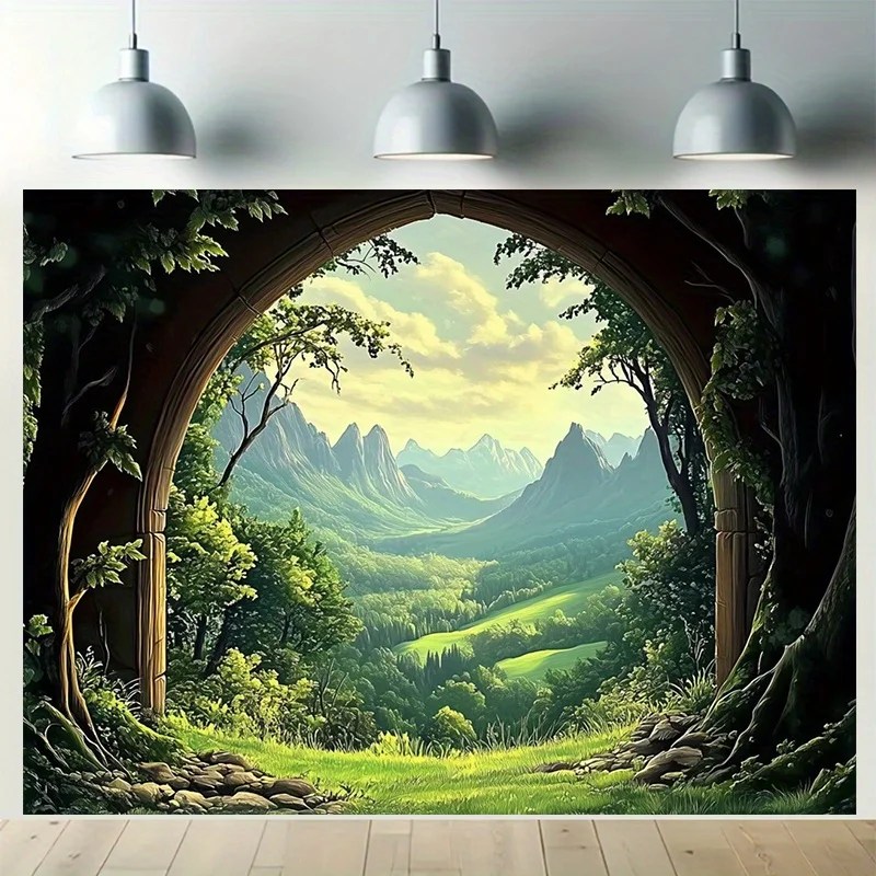 Archway Forest Tapestry Wall Hanging, Scenic Mountain Valley Landscape Print, Nature Wall Art Decor for Living Room Bedroom