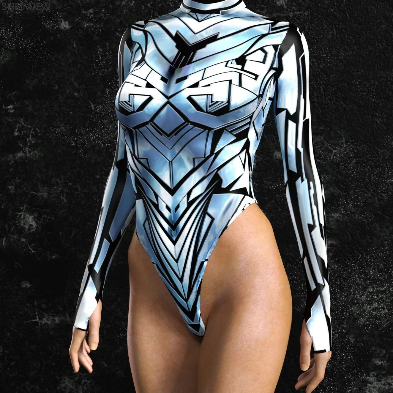 CosplayNew Line 3D Printed Long-sleeved Women Jumpsuit Sexy Hollow Carnival Bikini Set Halloween Swimwear Carnival Party Beach S