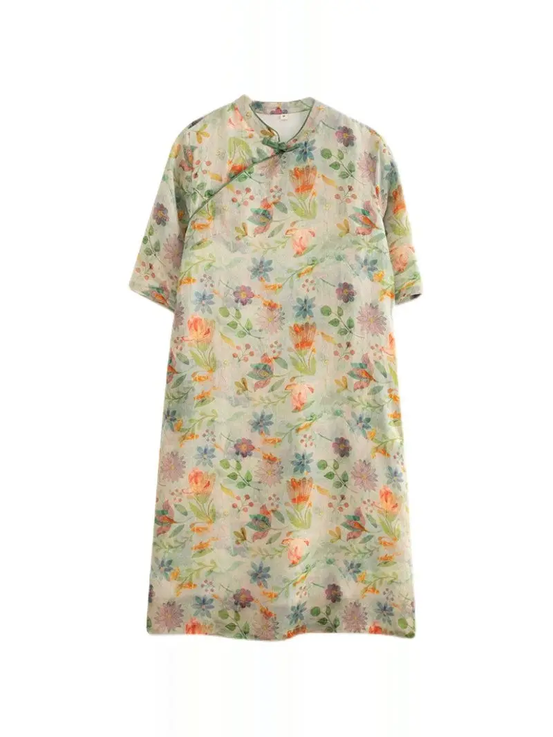 ชุดกี่เพ้าสไตล์จีนแบบใหม่ คอตั้ง ติดกระดุม ผ้าลินินพิมพ์ลายดอกไม้ ทรงวินเทจ หลวม ยาวปานกลาง ผ้าคอตตอนผสม ทรงเอ