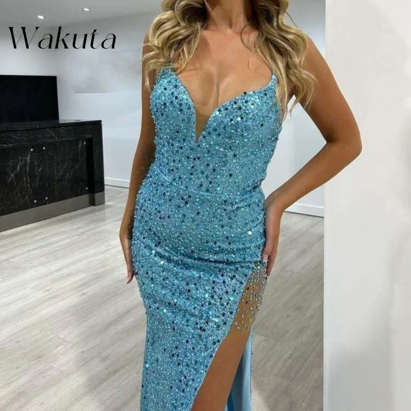 Wakuta Sparkly Sequin Prom Robe for Women Long with Slit V Neck Open Back Sheath Evening Formal Christmas Party Dresses שמלה ערב