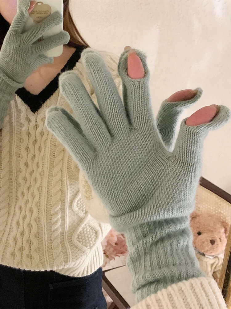 Korean Style Color Block Woolen Knitted Gloves for Women Winter Outdoor Cycling Warm Cold Proof Extended Length Touch Screen ...