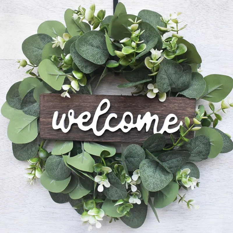 

Welcome Sign With Wreaths Small Rustic Front Door Decor Wood Hanging Sign With Artificial Eucalyptus Farmhouse Porch Decorations