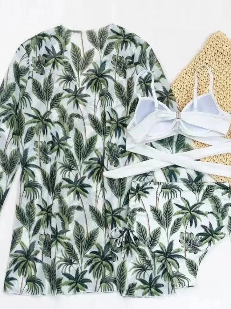 3er-Pack Damen-Bikini-Sets mit Blattmuster und hoher Taille und Strand-Vertuschung, Damen-Badeanzug und Kimono, Push-Up-Bademode, weiblicher Badeanzug