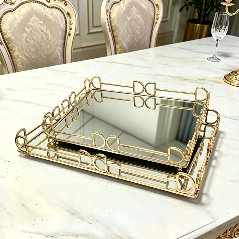 Luxury Gold Mirror Storage Tray Rectangle Glass Metal Jewelry Tray Large Capacity Square Makeup Snack Tray Tea Decoration view 3