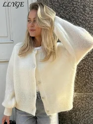 Cardigans mohair de malha casual feminino, monocromático, gola O, peito único, suéter de manga comprida, malha rosa com todos os fósforos, novo, outono, 2022