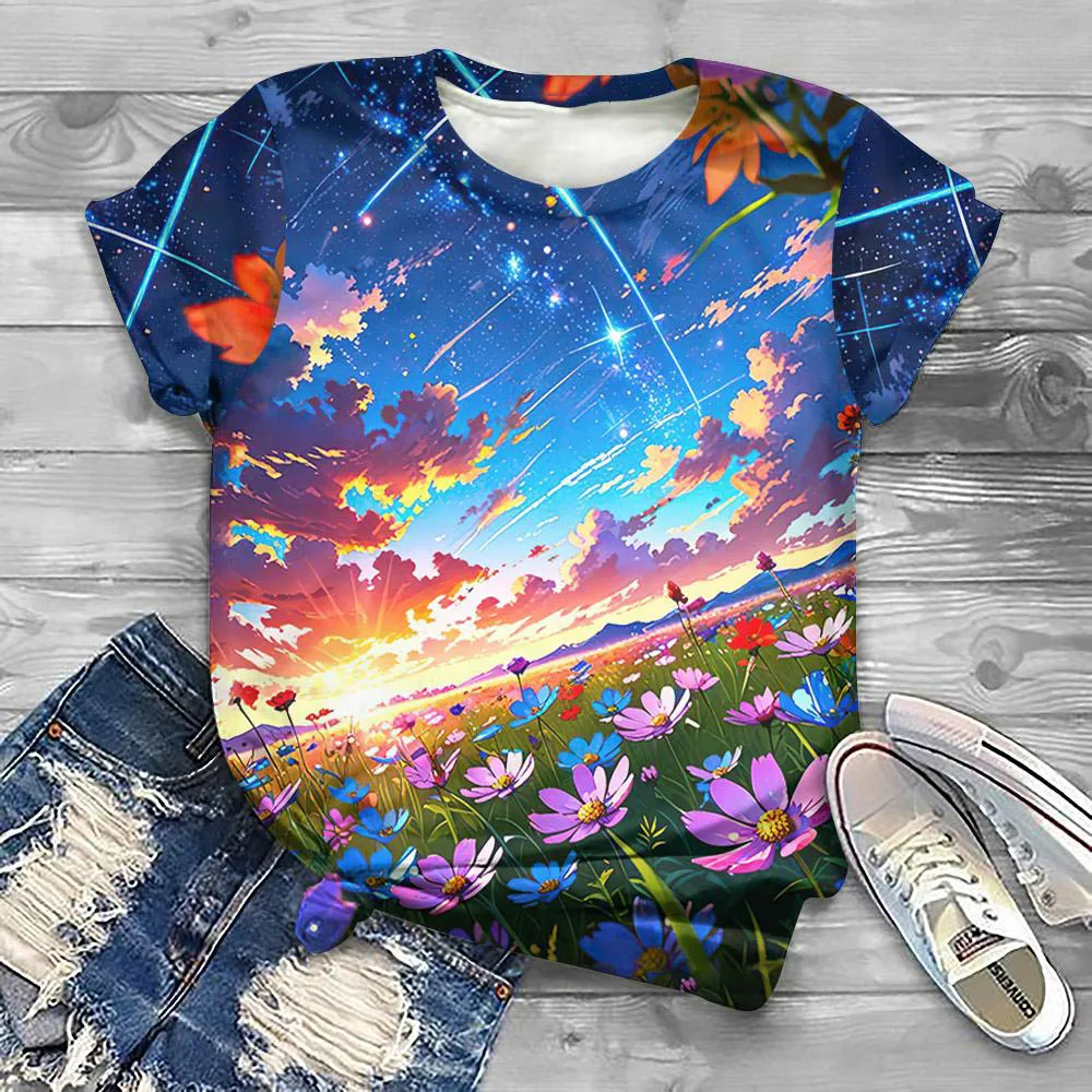 

Summer Fashion Floral 3D Print T-shirts Women Streetwear Casual Famale Y2k Short Sleeve T Shirt O-neck Tees Tops Plus-size