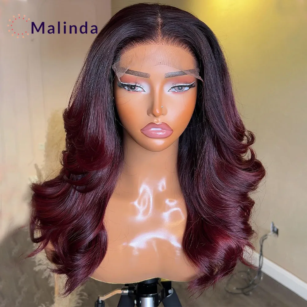 Burgundy Loose Wave Brown 1b/99J Colored Wig 13x4 Transparent Lace Front Glueless Human Hair Wig Pre plucked Ready To Wear