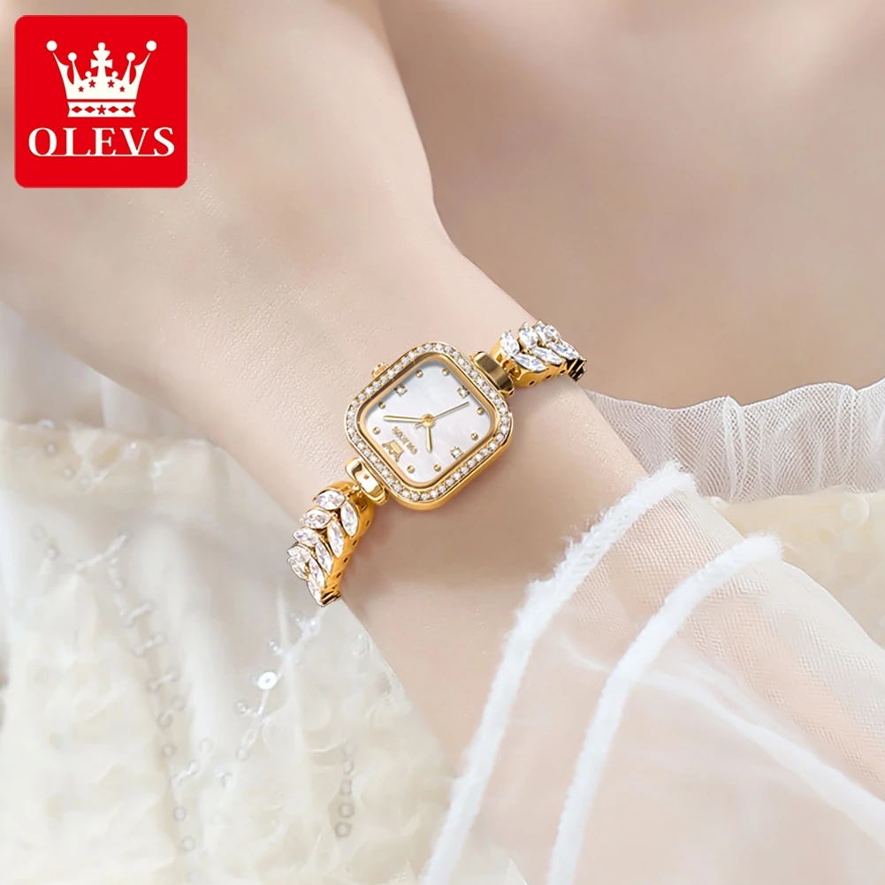 OLEVS 9987 Original Quartz Watch for Women Diamond Mermaid Stainless steel Wristwatch Luxury Square Diamond Dial Ladies\' Watches