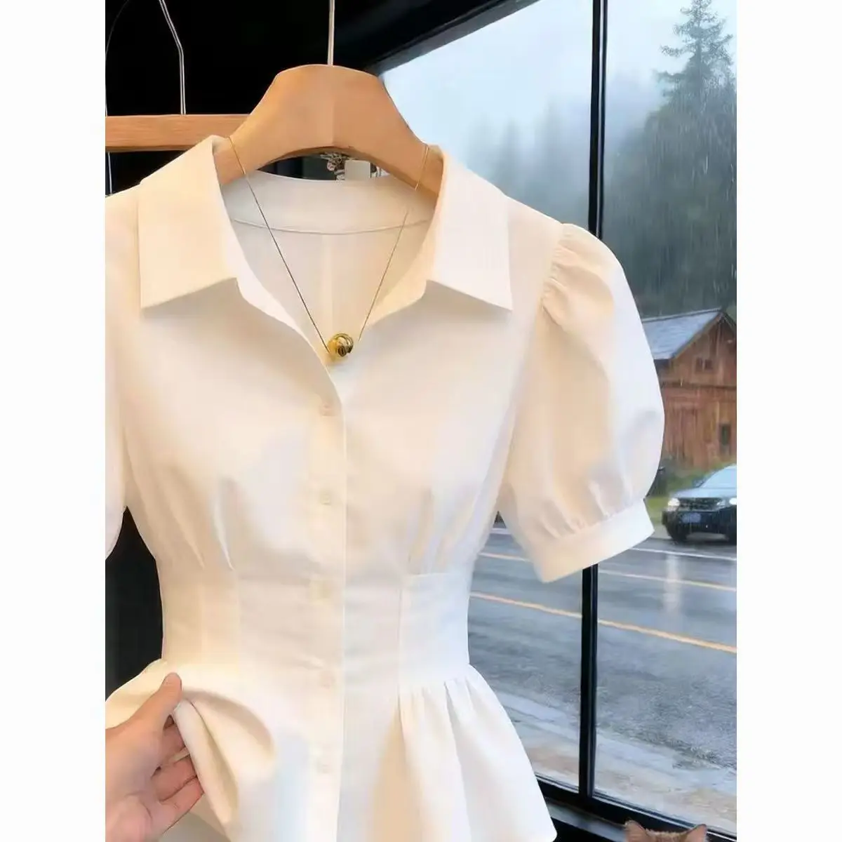 Stylish Blouse Women Waist-cinching Shirt Beautifully Designed Korean Style Bubble Sleeve Neck Regular Fit Summer Shirt 2026