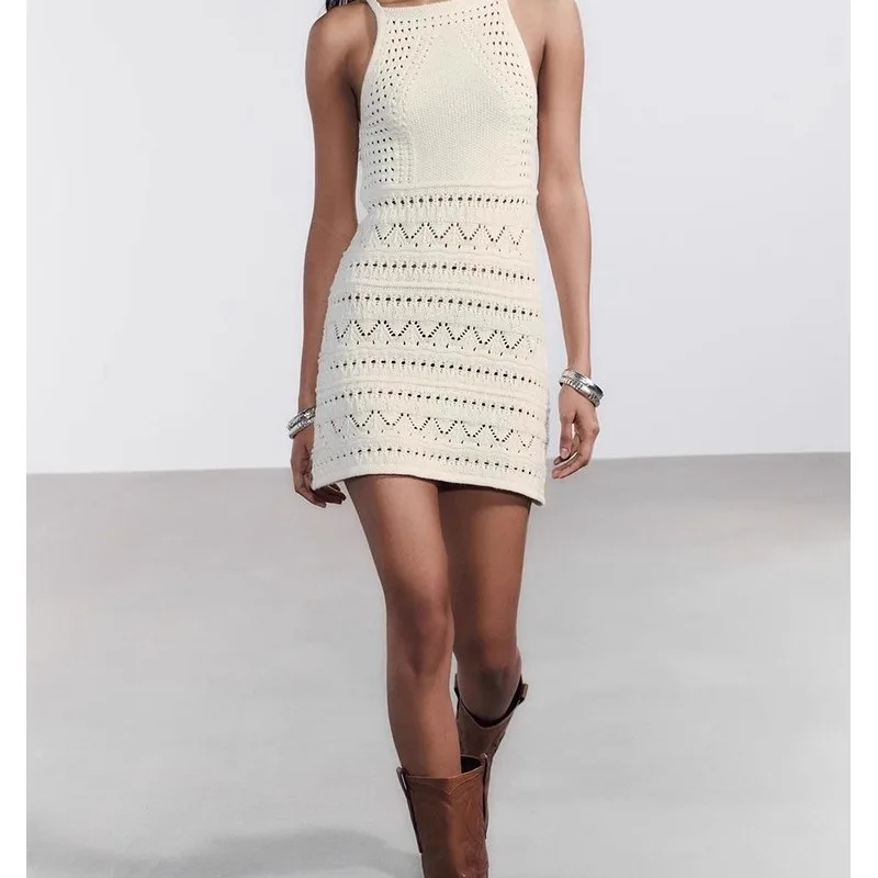 

Летнее женское платье из трикотажа с кружевным вырезом и бахромой, из полиэфирного волокна, с завышенной талией, А-силуэт, повседневный стиль, для прогулок по городу