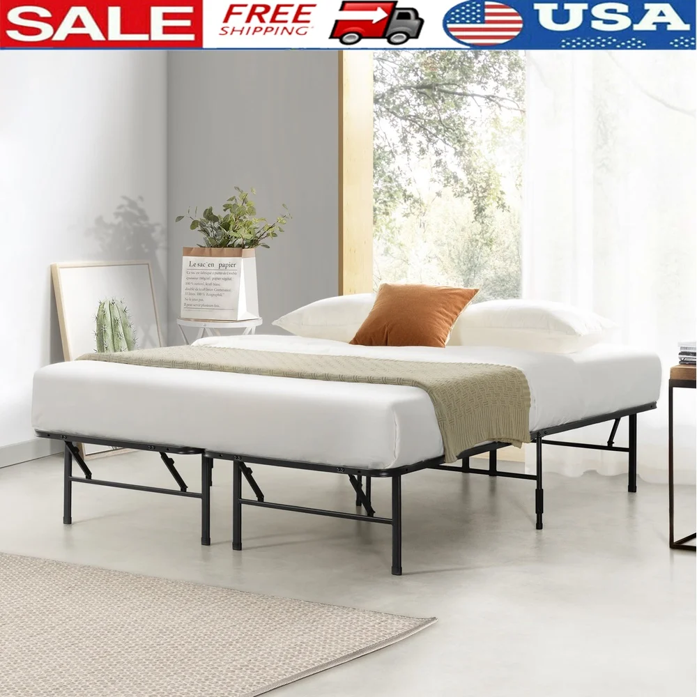 

14 Inch Bifold Metal Platform Bed Frame with Steel Slats Heavy Duty Queen Size Easy Assembly Storage Solution
