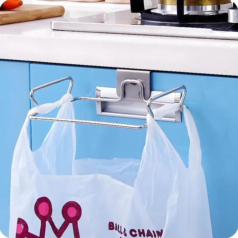 New Kitchen Trash Rack Cabinet Door Garbage Bags Holder Stainless Steel Closet Garbage Storage Holder