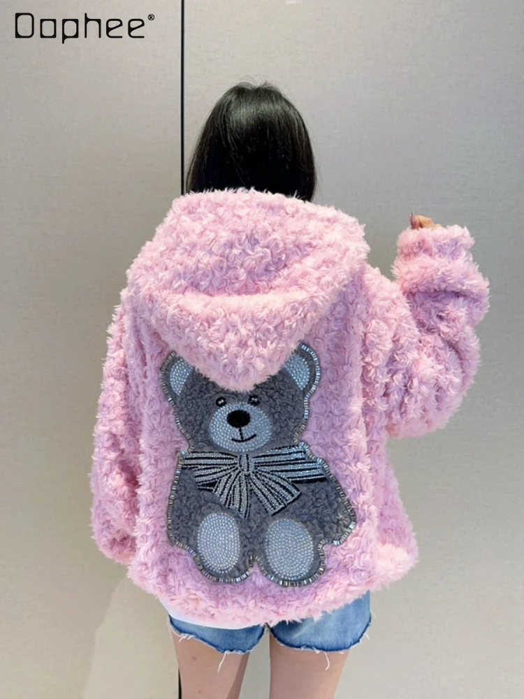 

Fashion Cute Furry Coat Women 2023 Fall Winter Hooded Pink Rhinestone Bear Handmade Bead Long Sleeve Zipper Coat Female Students