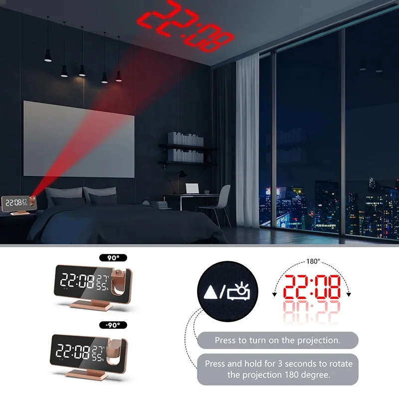 LED Screen Digital USB Wake Up FM Radio Time Projector Table Clock with Temperature Humidity Date Week Display Clock Home Decor