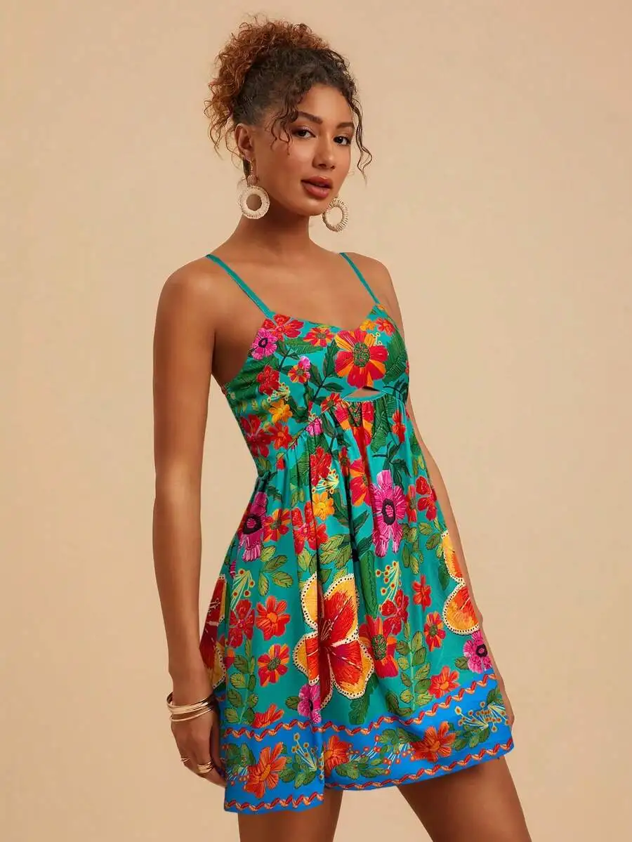 

Floral Print Spaghetti Strap Mini Dress For Women Summer Vacation Beach Boho Outfit