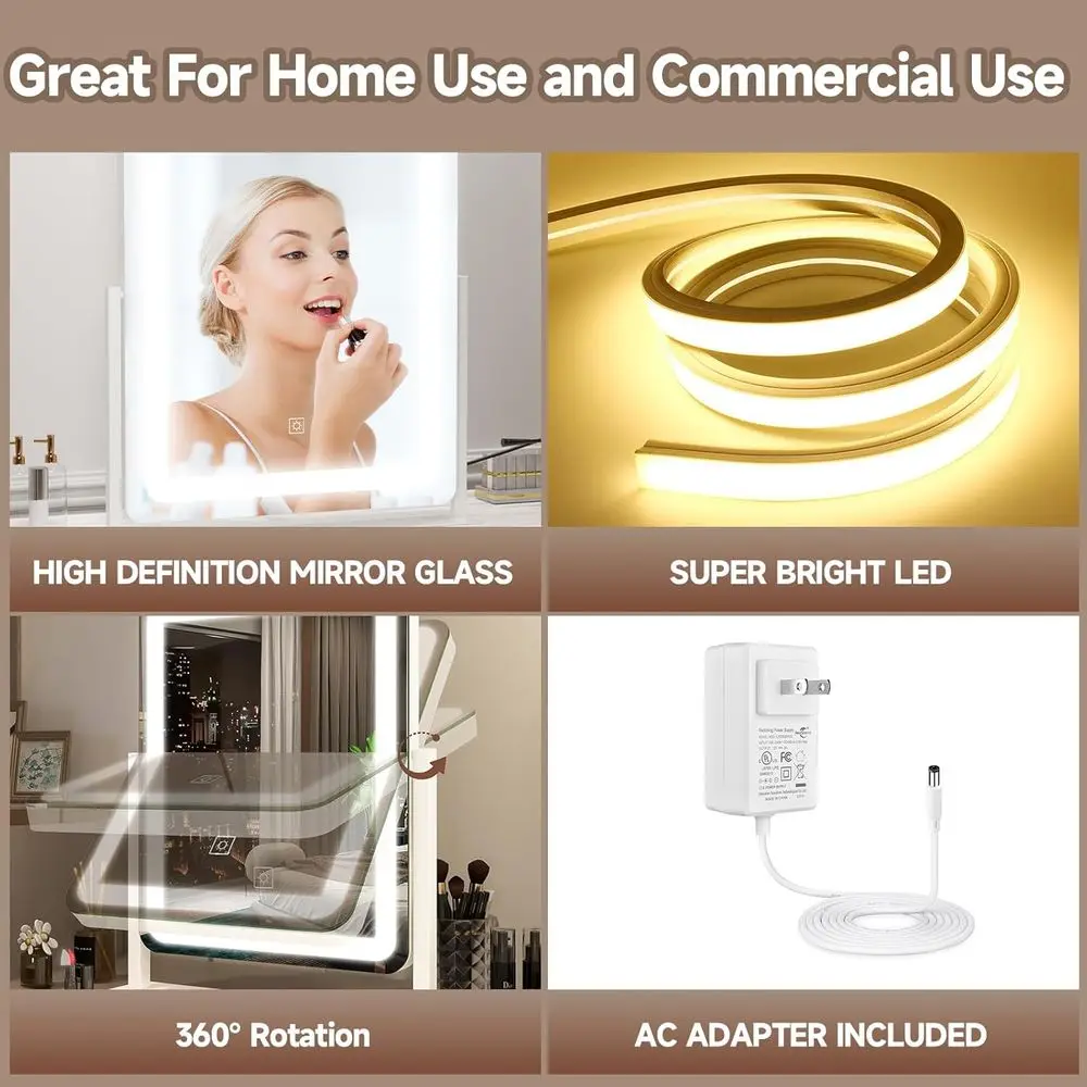 Miroir de courtoisie 19x22 éclairé par LED, lumière 3 couleurs à écran tactile, miroir de maquillage à intensité variable pour bureau ou chambre à coucher, blanc