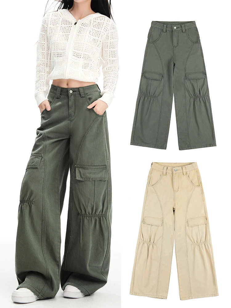 

Khaki High Waist Pocket Folds Baggy Jeans Women Y2K Streetwear Cargo Army Green Cotton Casual Denim Wide Leg Pants