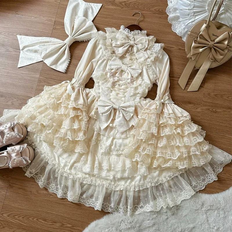 Super Fairy Pink Lolita Dress Set  Sweet Girl Women's Flower Lace Bow Shirt Princess Jsk Suspender Dress New Spring and Autumn