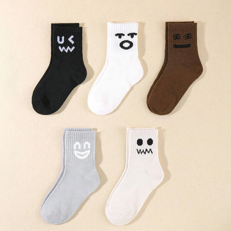 5 Pairs of Cute Emoji-Patterned Socks, Basic Style Children's Sports Socks, Suitable for Both Boys and Girls