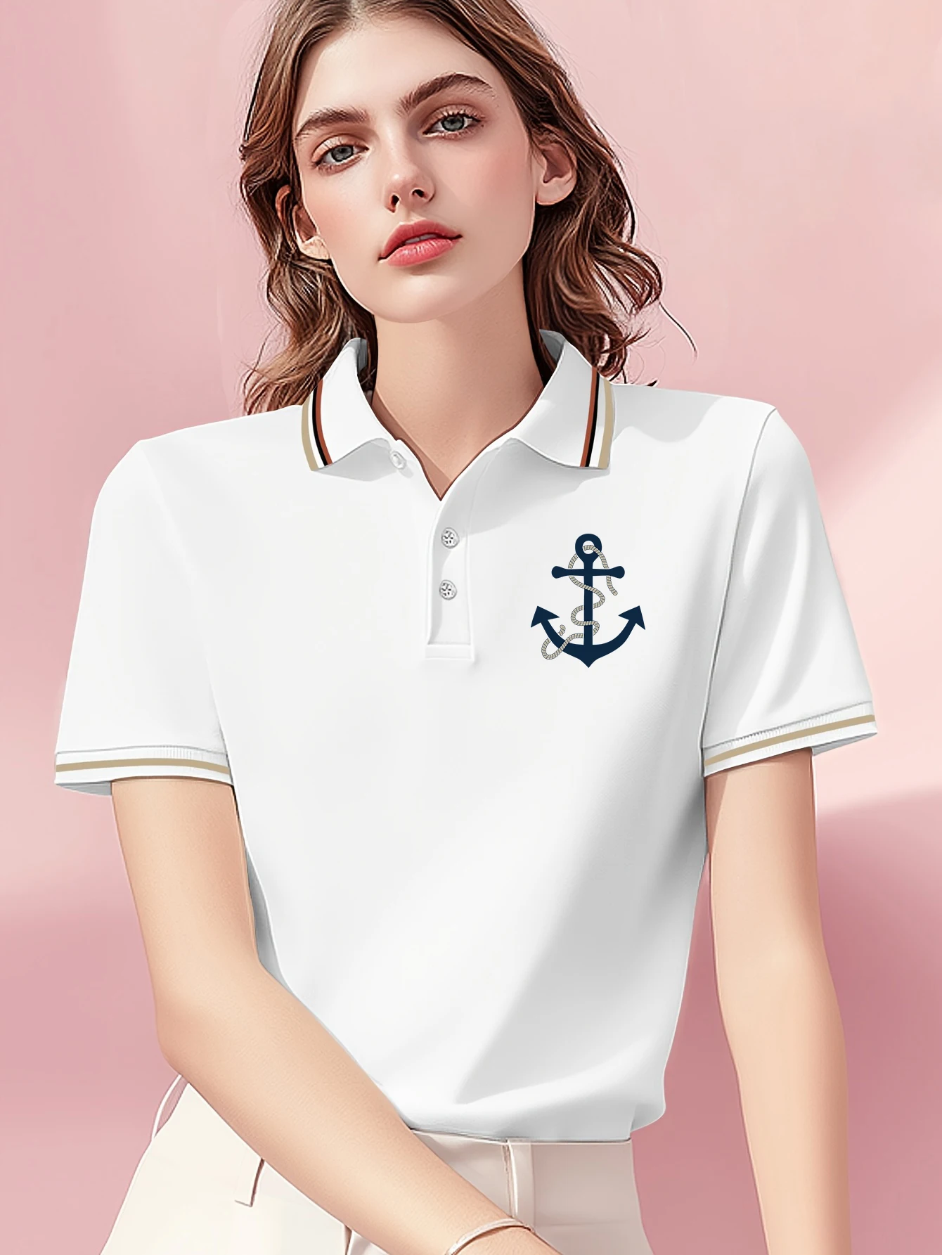 

Ship'S Anchor Print Paux Polo Shirt Womens Comfortable Shirts Summer Fashion Casual Top Basics All-Match Multicolor New Clothes