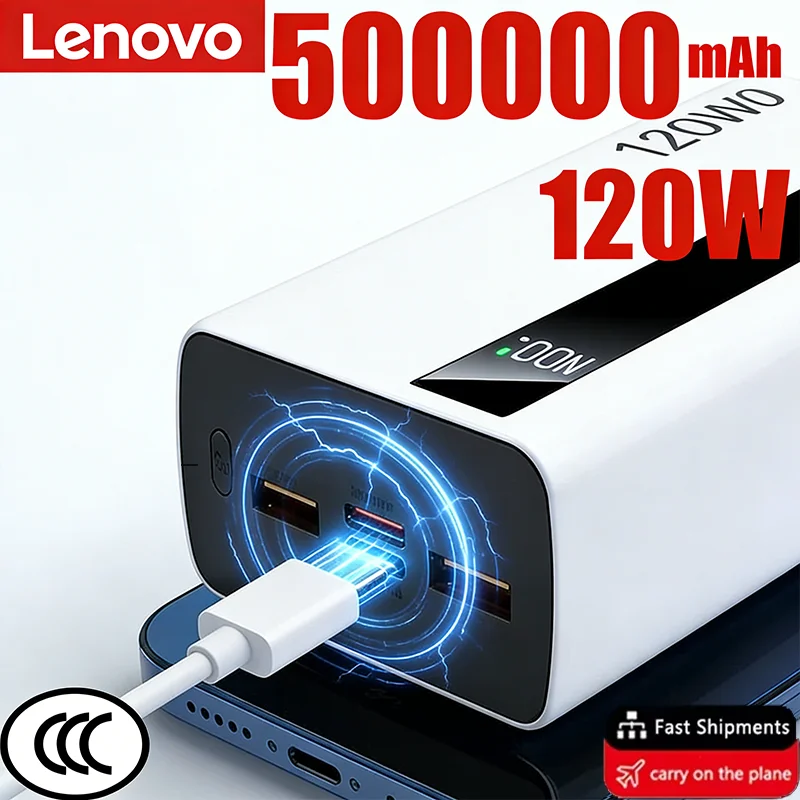 Lenovo Nieuwe 500000mAh Ultra Grote Capaciteit 3C Power Bank 120W Snel Opladen Draagbare Digitale Display Powerbank Voor iPhone Samsung - afbeelding 2