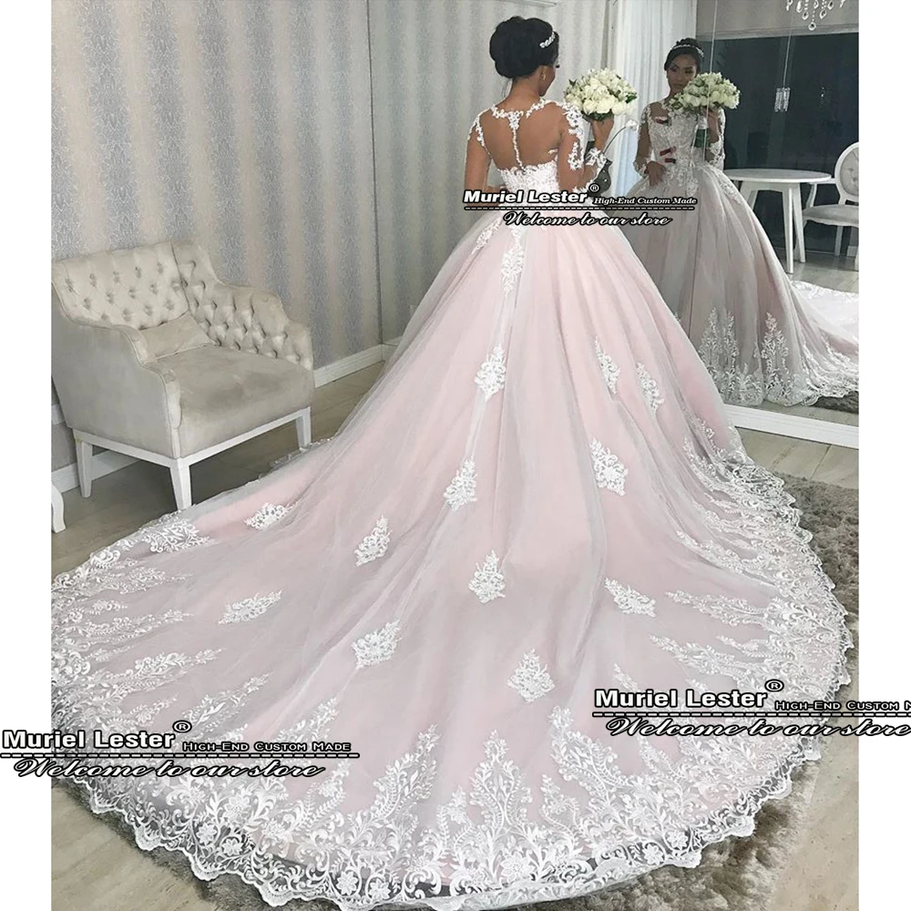 Klassische Rosa Hochzeit Kleider Vollen Ärmeln O Hals EINE Linie Brautkleid Nach Maß Appliques Robe Princesse Femme Sweep Zug kleid