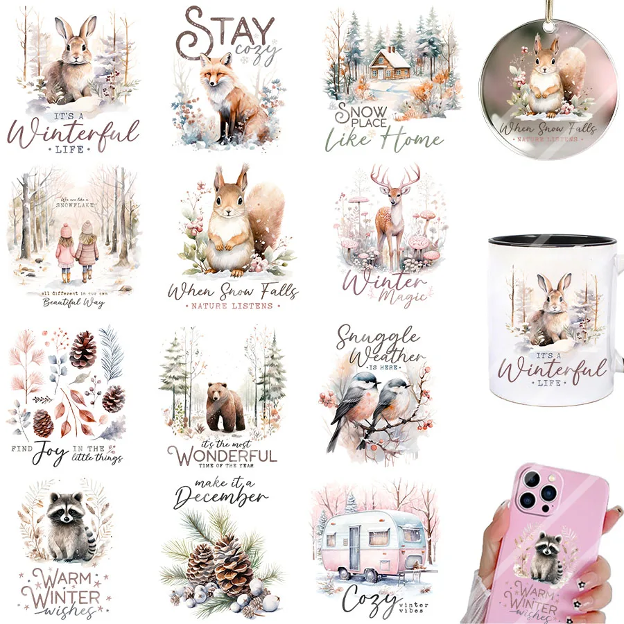 2pcs Winter Christmas Forest Animal DIY UV DTF Rub On Transfer Stickers Tumbler Glass Cup Can Wrap Card Xmas Tree Ornament Decor