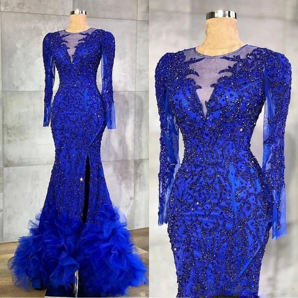 Elegant Royal Blue Evening Dresses For Women 2023 High Split Sequined Prom Formal Occasion Party Gowns Mermaid Vestido De Fiesta