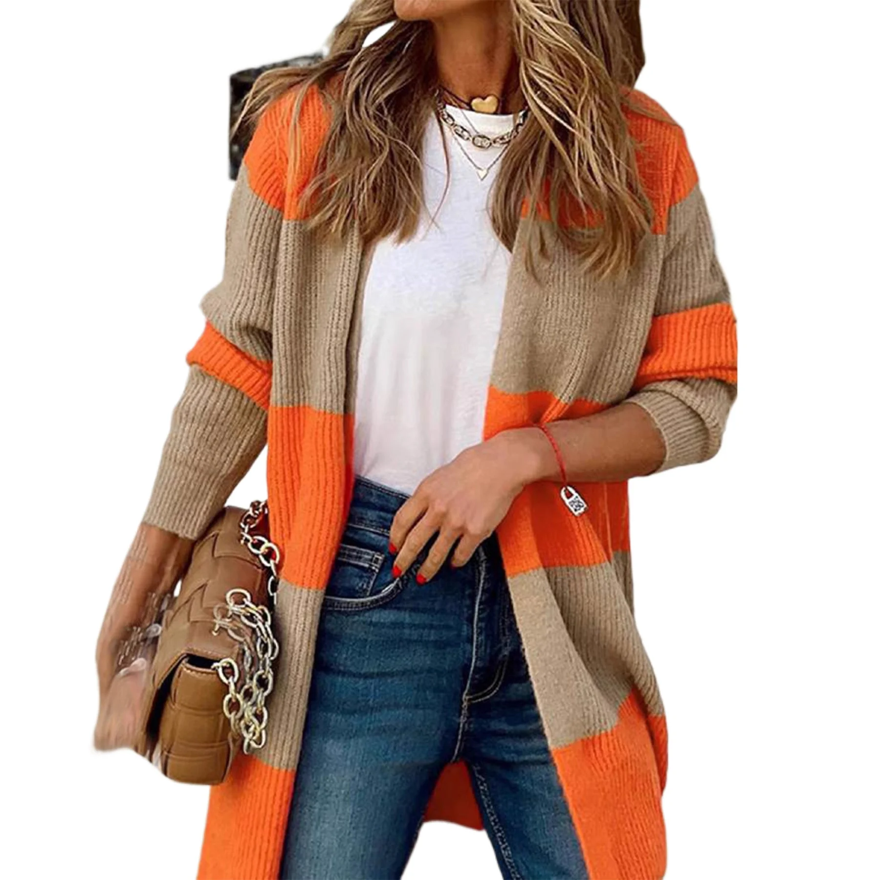 

2025 Fall/Winter Contrast Striped Cardigan Women European and American casual mid-length dropped shoulder knitted cardigan women