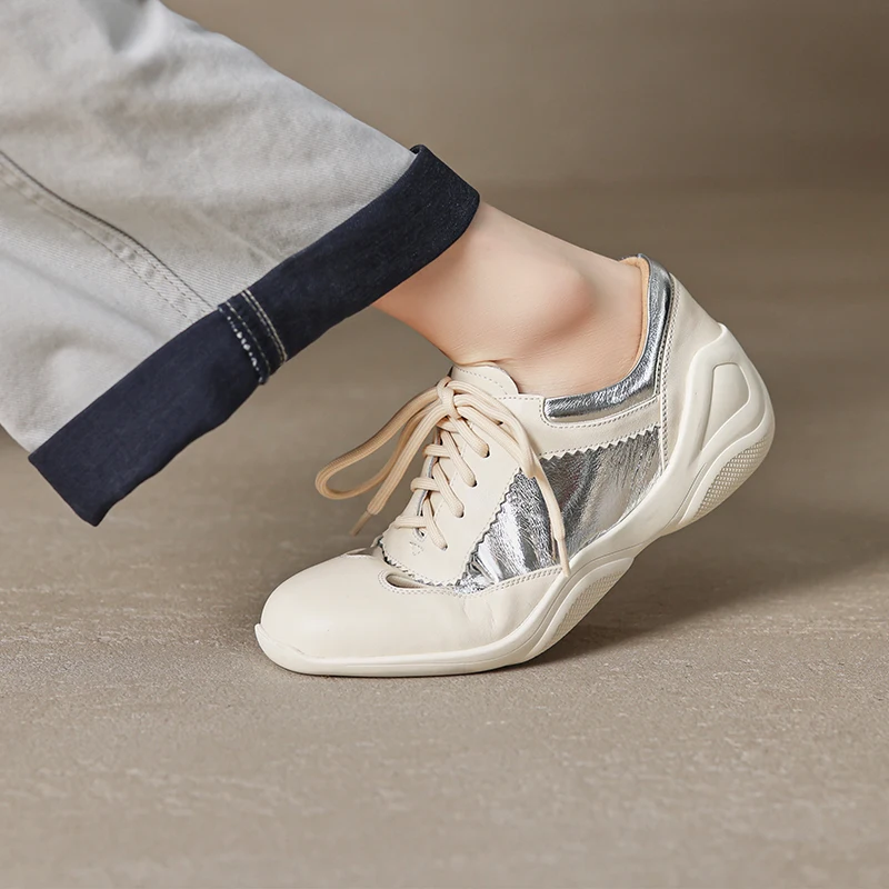 

2026 Platform Shoes Cow Leather Casual Women Sneakers Spring Mixed Color Round Toe Lace Up Fashion Ladies Shoes Size 34-40 Pumps