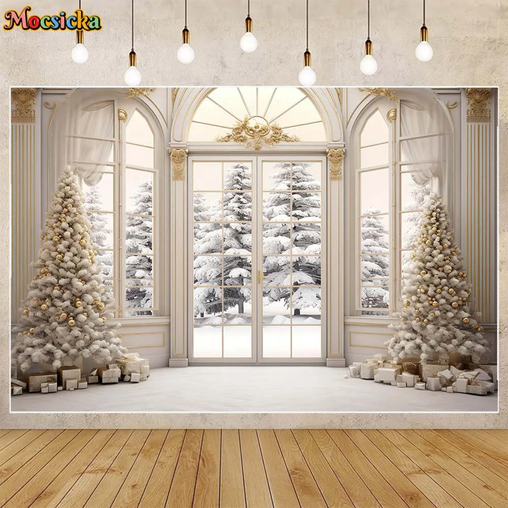 

Mocsicka White European Palace Indoor Kids Photography Background Window Snow Pine Tree Christmas Family Portrait Backdrop Props