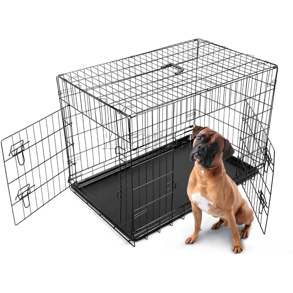 

FoxHunter 42'' 42 Inch Pet Dog Puppy Cat Training Cage Crate Carrier Metal Folding With TWO Doors and Tray Xlarge Black New FH-P