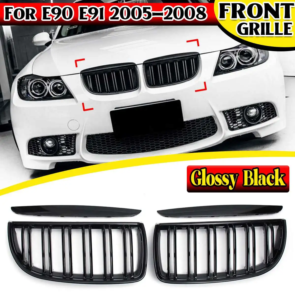 

Front Kidney Grille Hood Grills -Double Line for BMW E90 E91 323I 328I 335I 330I 325I 3-Series 2005-2008 Gloss Black