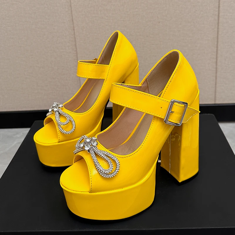 Summer 2023 New Water Platform Super High Heel Peep Toe Sandals Round Toe Lacquer Leather Diamond Bowknot Pumps