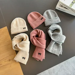 Children's hat scarf two-piece set new encora red middle-aged children's embroidered bow knitted woolen hat thin